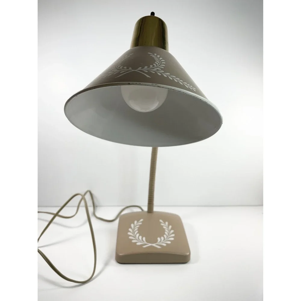Vtg MCM Beige Goose Neck Desk Lamp Light Nightstand Lamp Cottagecore Decor